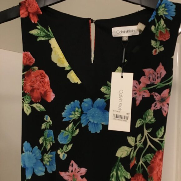 NWT CALVIN KLEIN Black Floral Patchwork Sleeveless A Line Maxi Dress - Picture 1 of 8